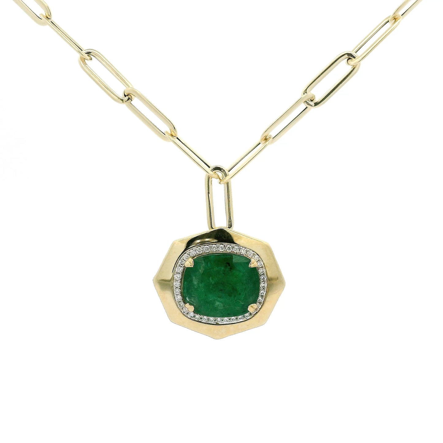 A Yellow Gold Paperclip Necklace with A Yellow Gold Pendant with a prong set cushion cut natural Emerald in the center & diamonds around it at Forever Rox Fine Jewelry, Lake Tahoes Best Jewelry Store