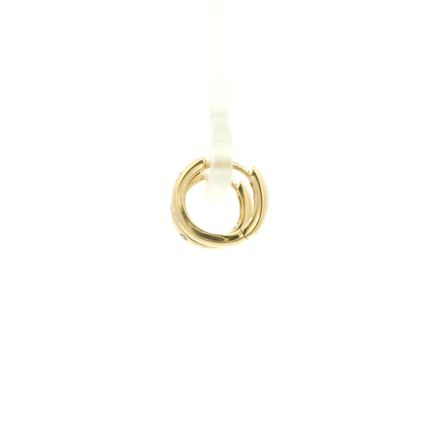 A Pair of Yellow Gold Hoop Earrings with flush set round cut natural Diamonds scattered in the gold at Forever Rox Fine Jewelry, Lake Tahoes Best Jewelry Store