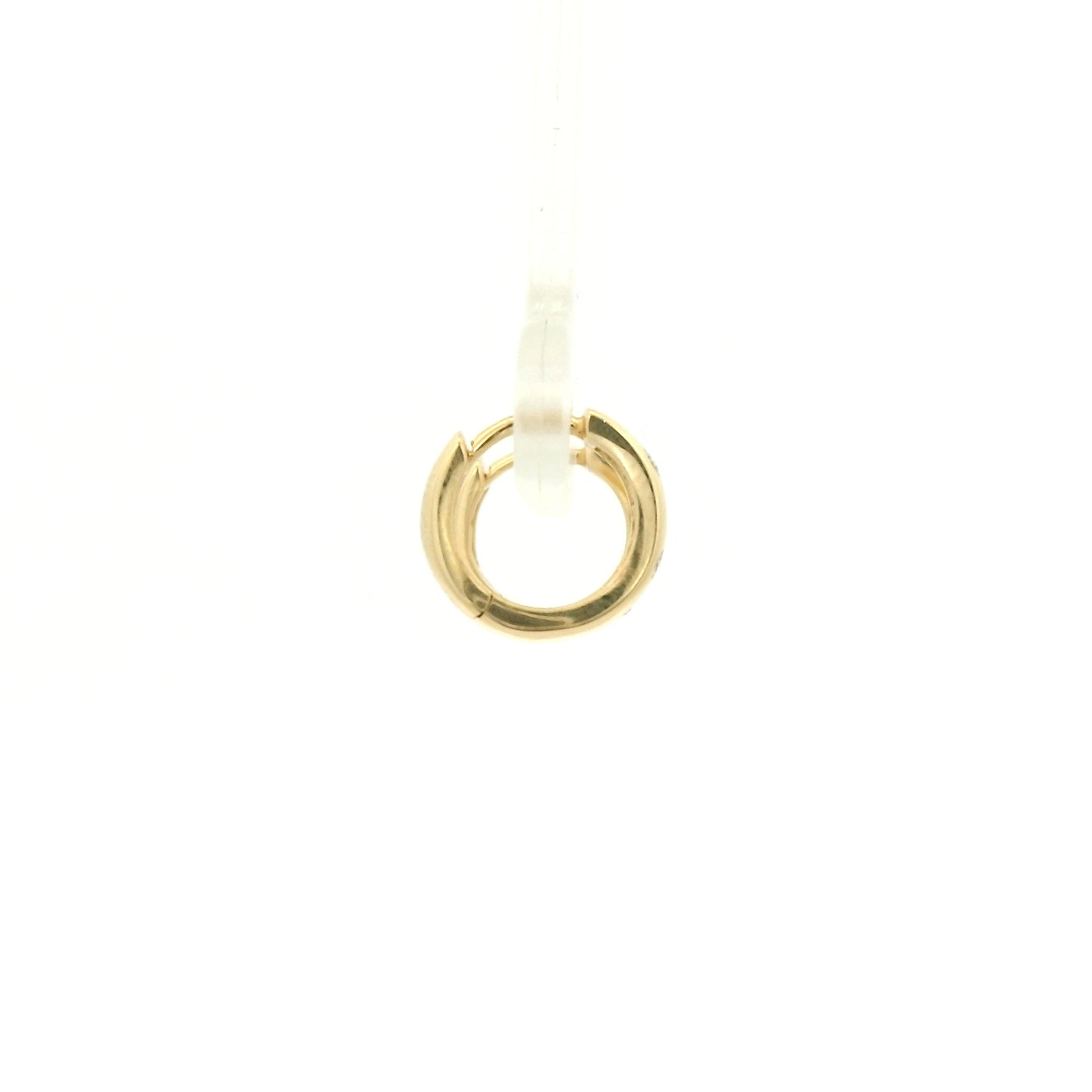 A Pair of Yellow Gold Hoop Earrings with flush set round cut natural Diamonds scattered in the gold at Forever Rox Fine Jewelry, Lake Tahoes Best Jewelry Store