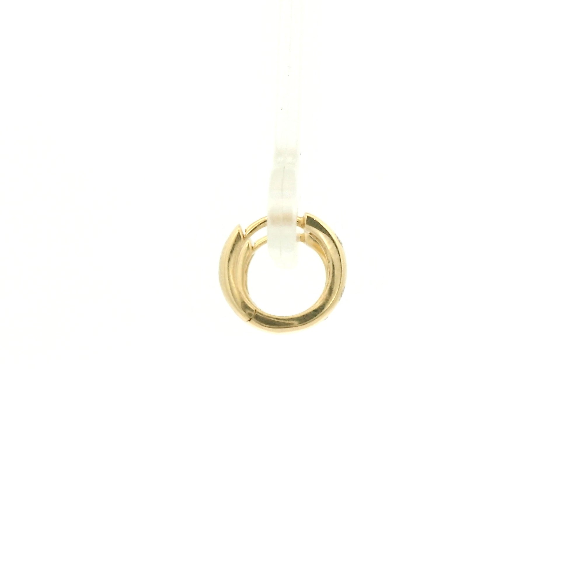 A Pair of Yellow Gold Hoop Earrings with flush set round cut natural Diamonds scattered in the gold at Forever Rox Fine Jewelry, Lake Tahoes Best Jewelry Store