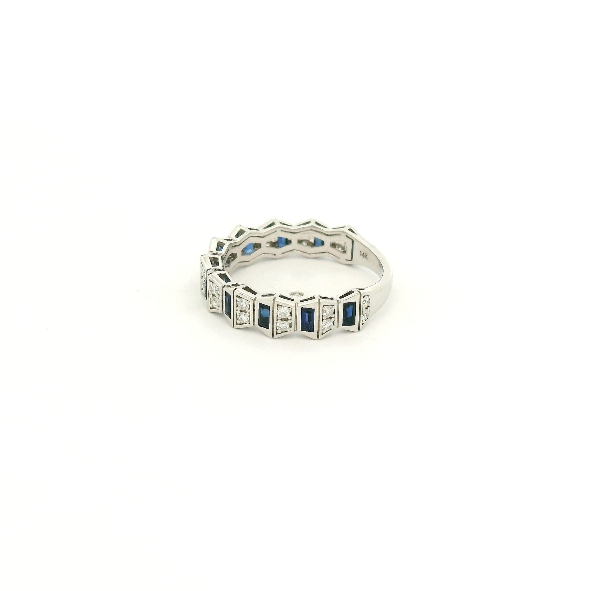 A White Gold Geometric Style Ring with natural Sapphires & Natural Diamonds at Forever Rox Fine Jewelry, Lake Tahoes Best Jewelry Store

