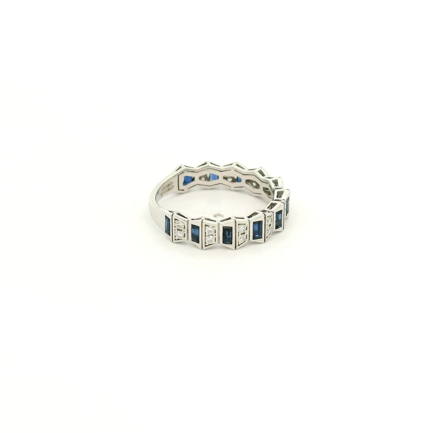A White Gold Geometric Style Ring with natural Sapphires & Natural Diamonds at Forever Rox Fine Jewelry, Lake Tahoes Best Jewelry Store
