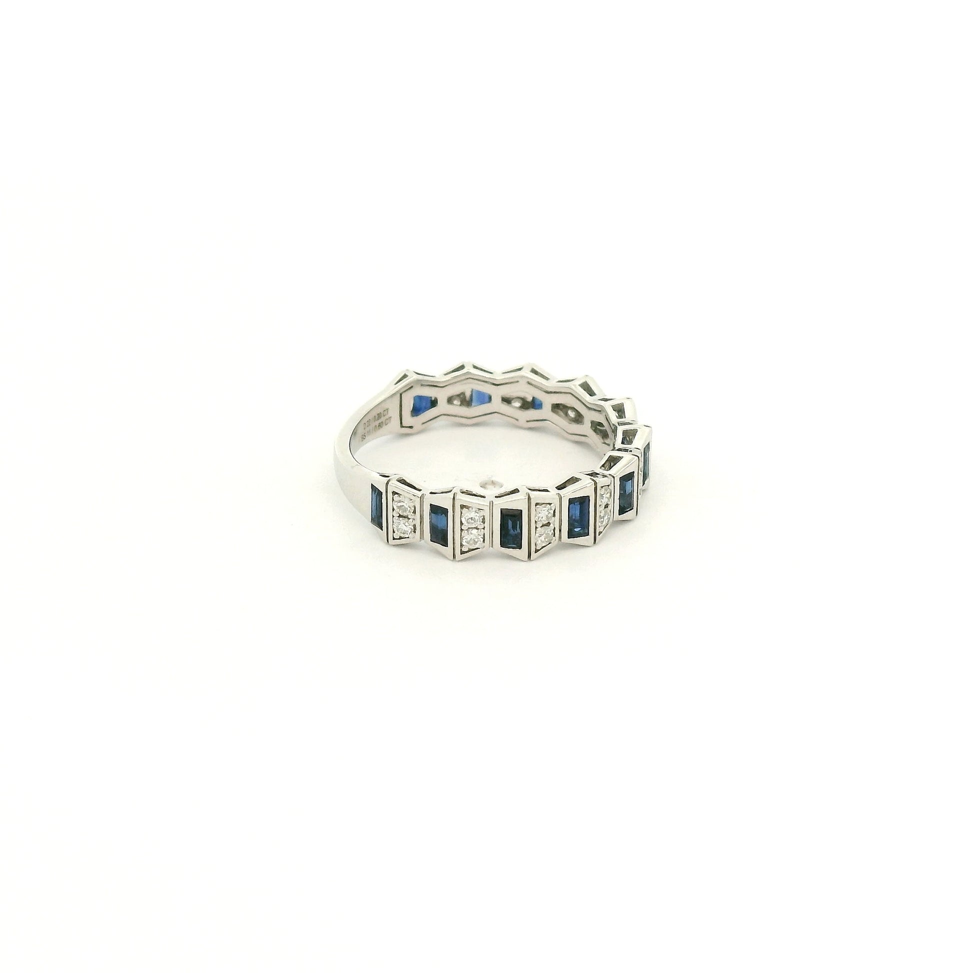 A White Gold Geometric Style Ring with natural Sapphires & Natural Diamonds at Forever Rox Fine Jewelry, Lake Tahoes Best Jewelry Store
