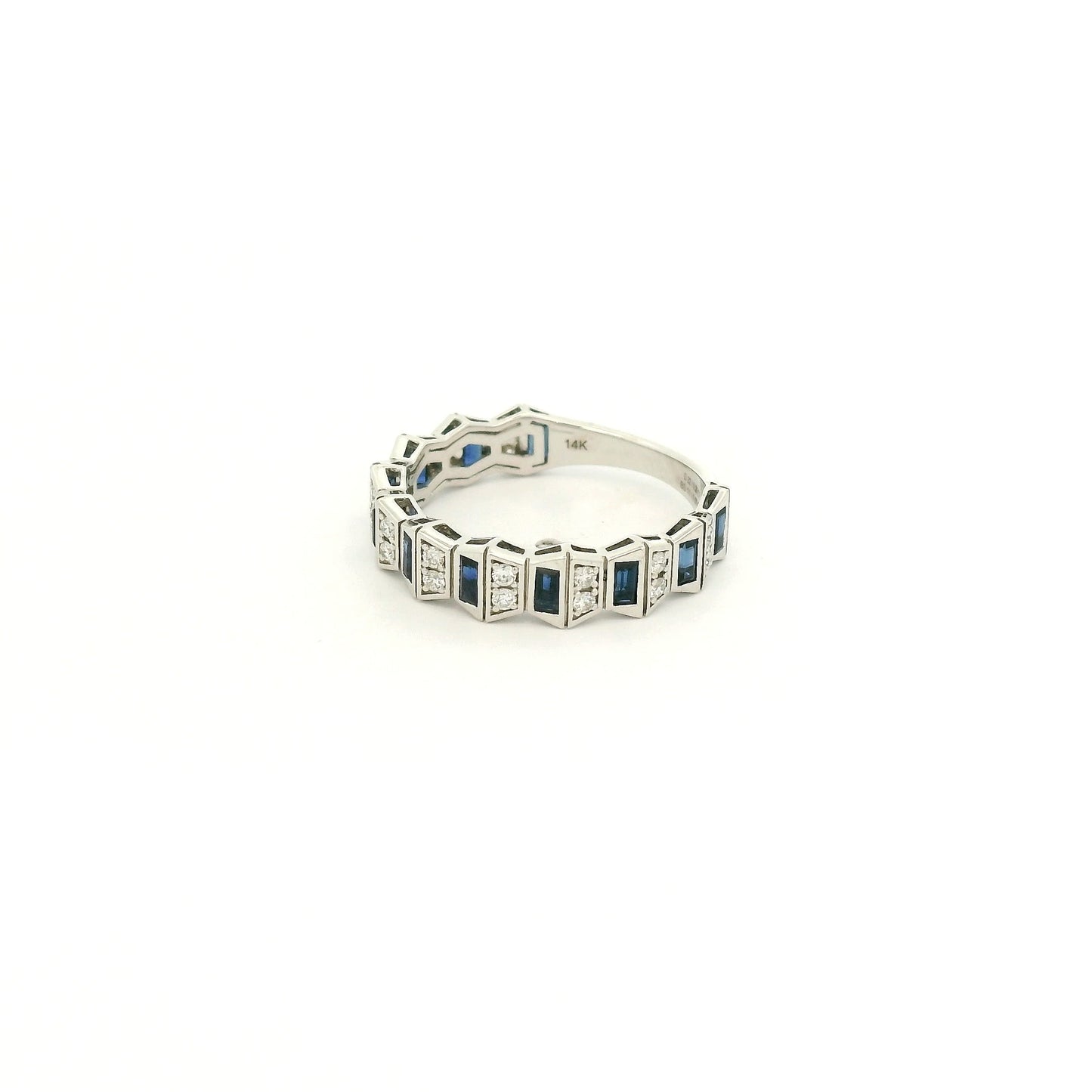 A White Gold Geometric Style Ring with natural Sapphires & Natural Diamonds at Forever Rox Fine Jewelry, Lake Tahoes Best Jewelry Store
