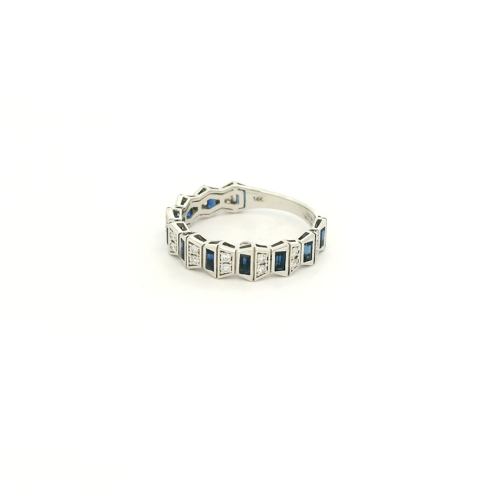 A White Gold Geometric Style Ring with natural Sapphires & Natural Diamonds at Forever Rox Fine Jewelry, Lake Tahoes Best Jewelry Store

