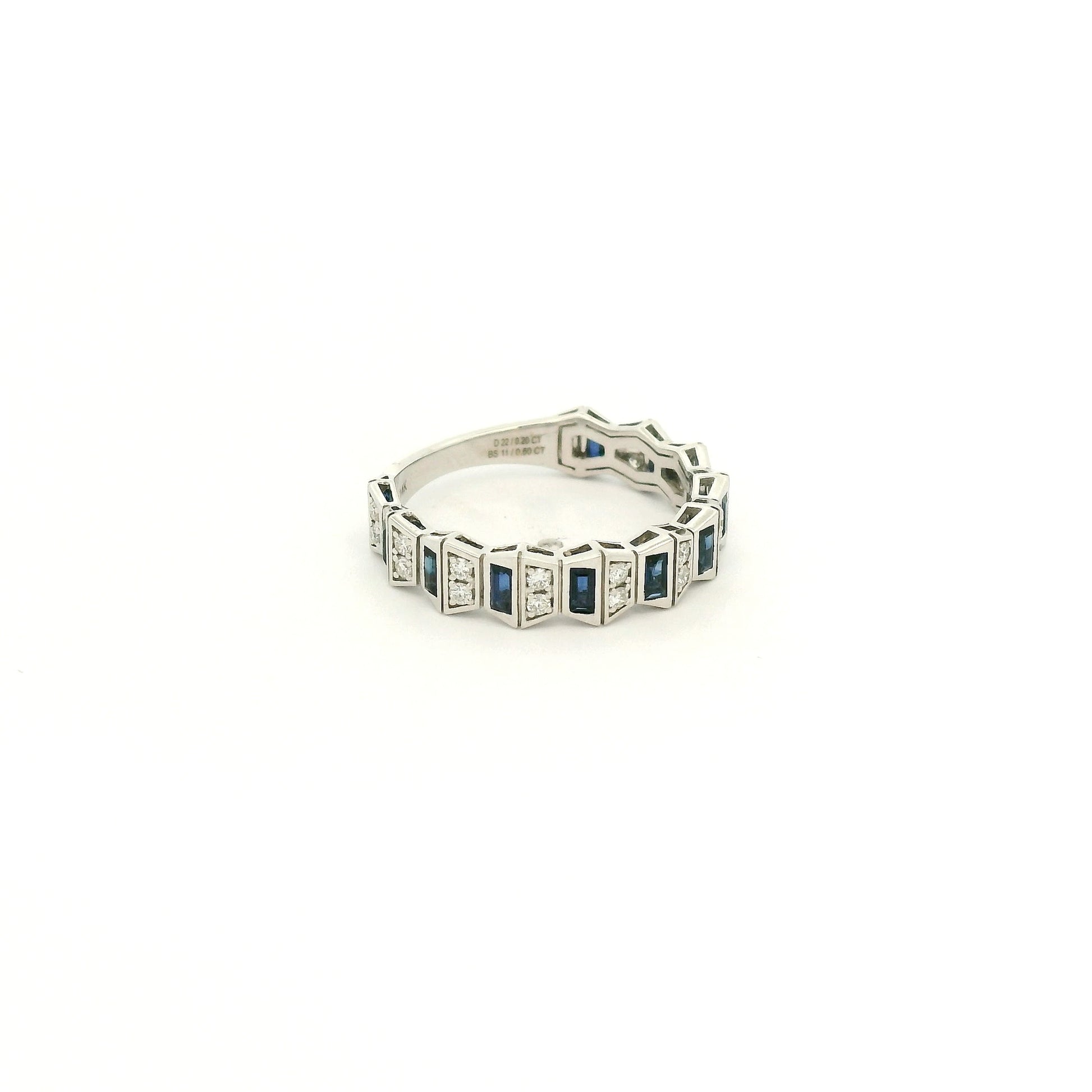 A White Gold Geometric Style Ring with natural Sapphires & Natural Diamonds at Forever Rox Fine Jewelry, Lake Tahoes Best Jewelry Store

