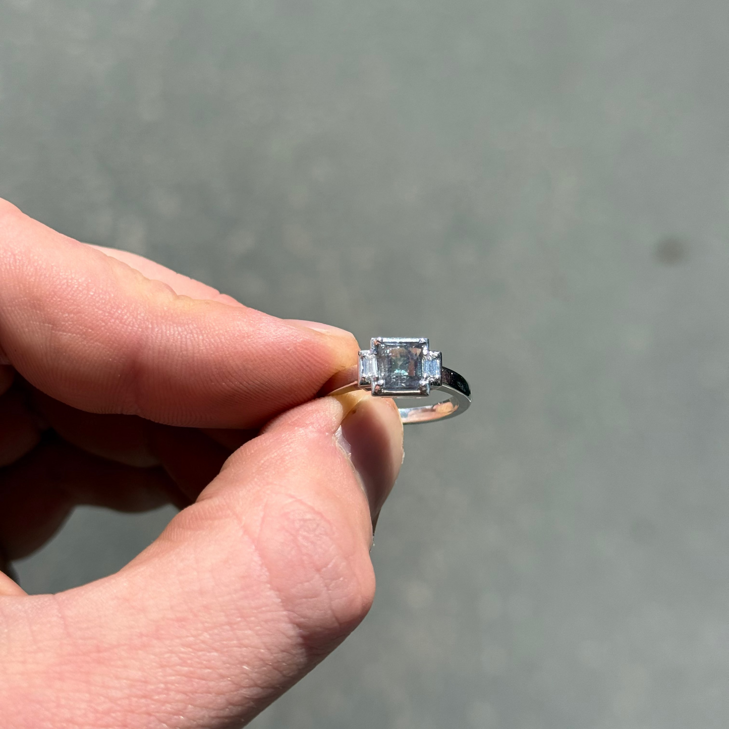 Square Step Cut Fine Alexandrite From The Smithsonian Institute with Two Baguette Diamonds Ring