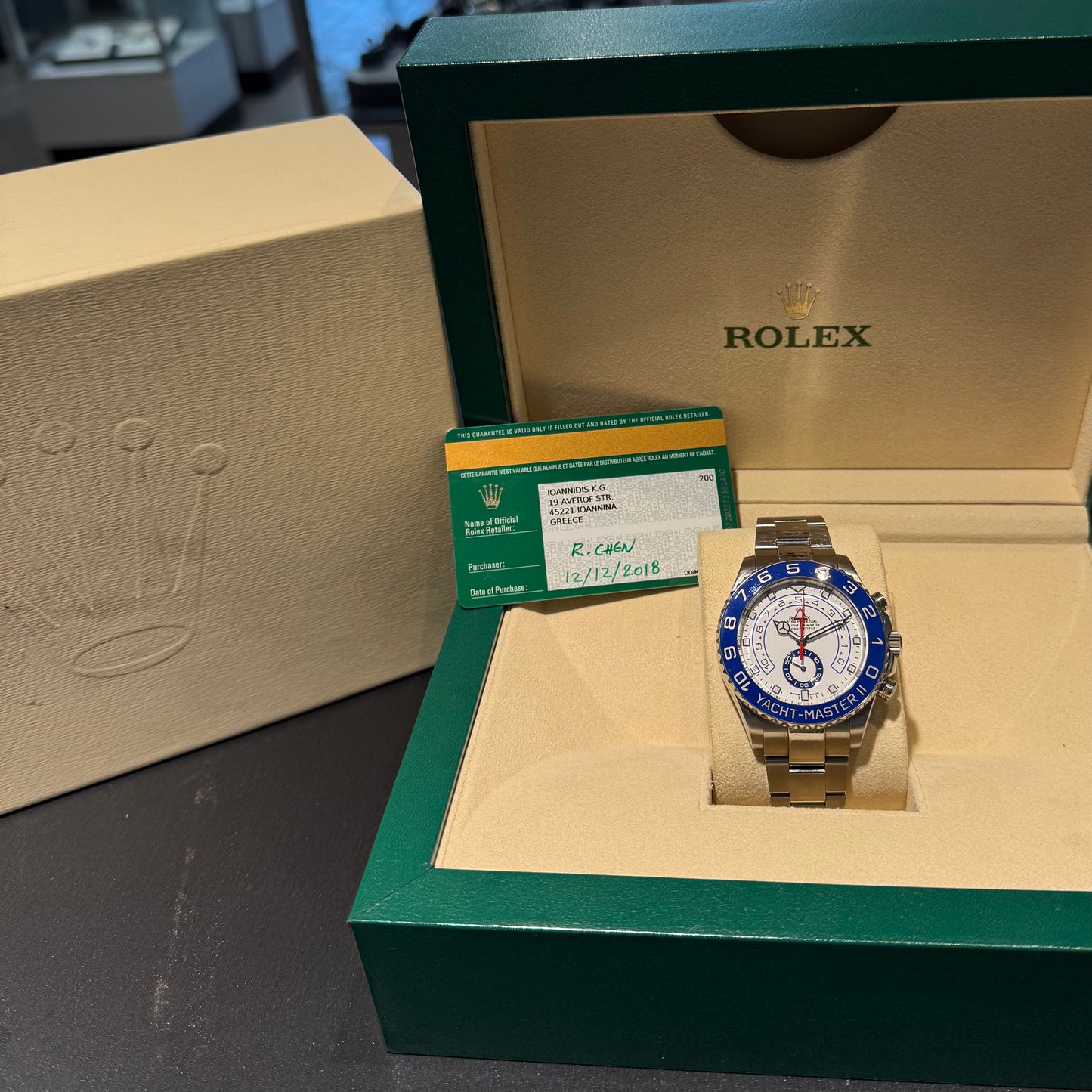 A Good Condition 2018 Rolex Yacht-Master II 44mm White Dial Blue Bezel Mercedes Hands at Forever Rox Fine Jewelry, Lake tahoes Best Jewelry Store