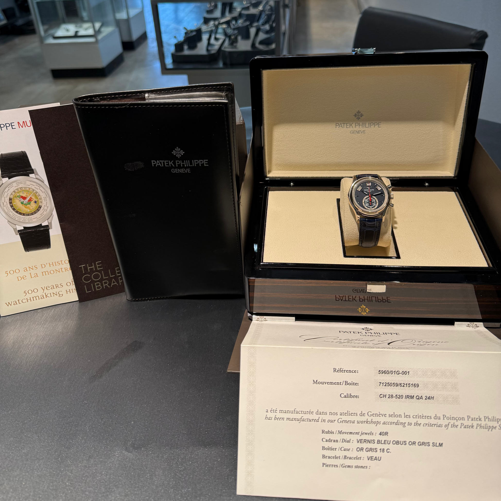 A 2017 Patek Philippe Annual Calendar Chronograph 40.5mm White Gold Blue Dial at Forever Rox Fine Jewelry, Lake Tahoes Best Jewelry Store