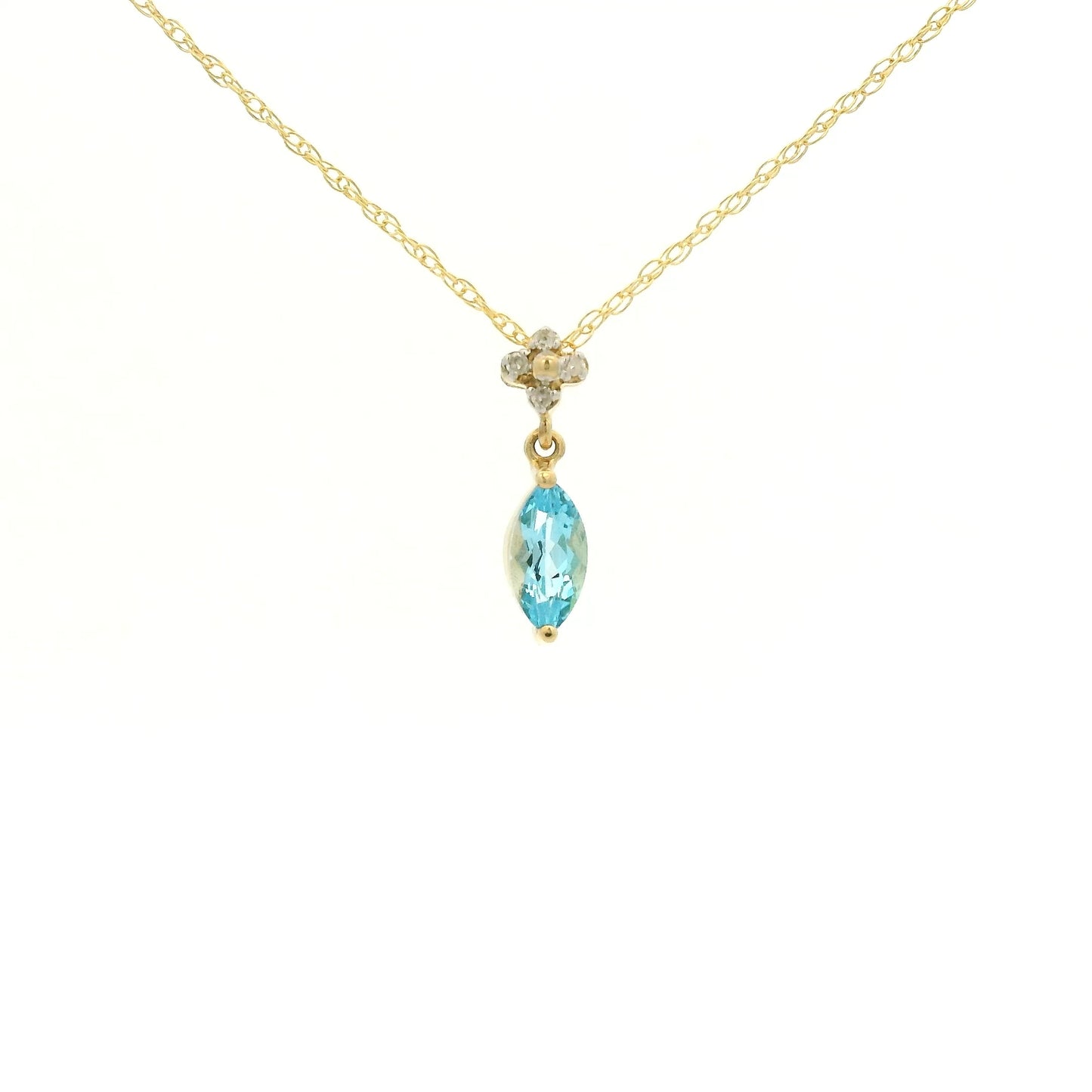 Yellow Gold Pendant with a prong set marquise cut natural Blue Topaz in the center with 4 diamonds at Forever Rox Fine Jewelry, Lake Tahoes Best Jewelry Store
