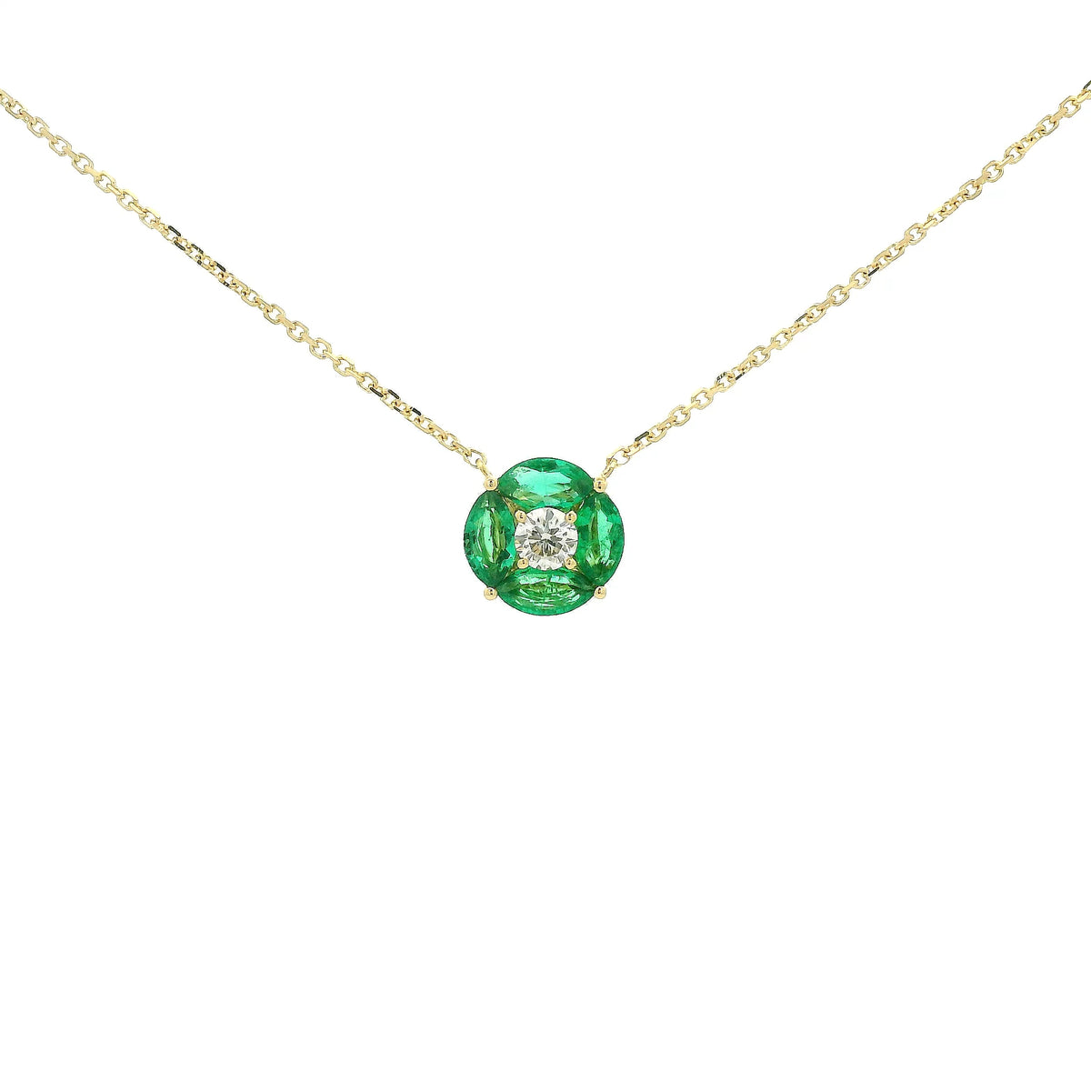 A Yellow Gold Pendant with a round cut diamond in the center & 4 marquise cut emeralds in a circle around it at Forever Rox Fine Jewelry, Lake Tahoes Best Jewelry Store