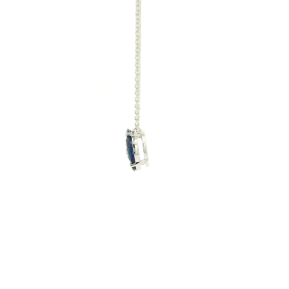 A White Gold Pendant with a round cut diamond in the center & 4 marquise cut Sapphires in a circle around it at Forever Rox Fine Jewelry, Lake Tahoes Best Jewelry Store