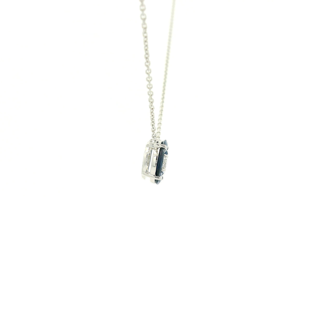 A White Gold Pendant with a round cut diamond in the center & 4 marquise cut Sapphires in a circle around it at Forever Rox Fine Jewelry, Lake Tahoes Best Jewelry Store