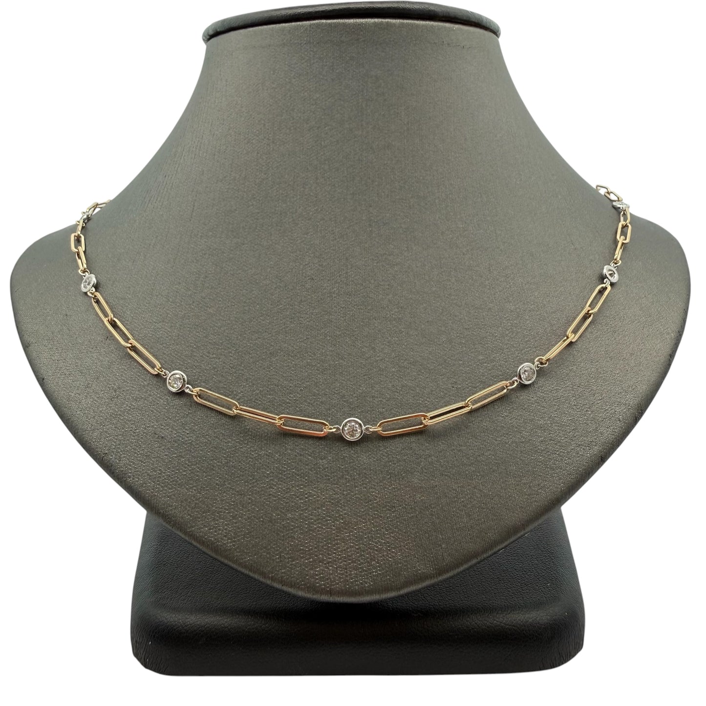 A Yellow Gold Paperclip Necklace with a bezel set round cut natural Diamonds by the yard at Forever Rox Fine Jewelry, Lake Tahoes Best Jewelry Store
