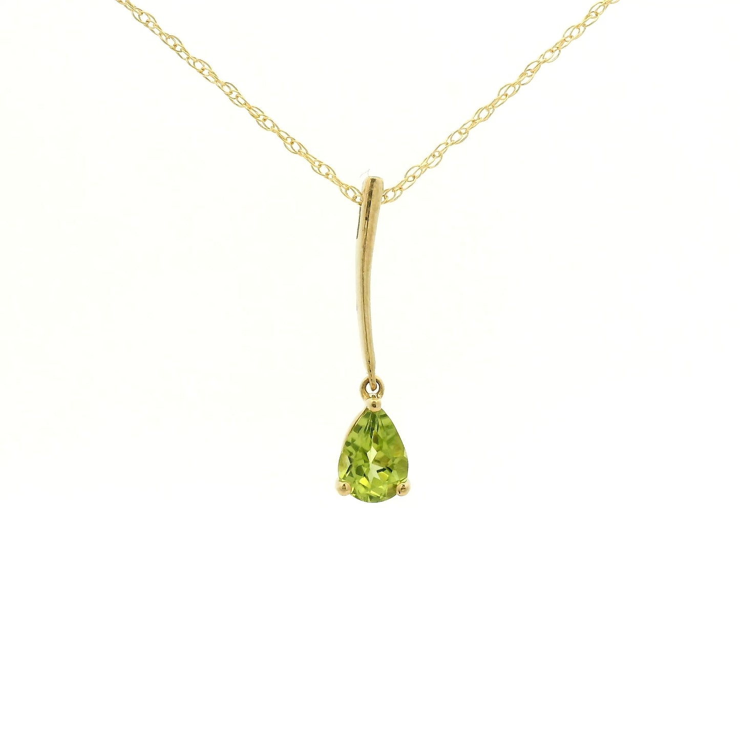 Yellow Gold Dangle Pendant with a prong set pear cut natural Peridot at Forever Rox Fine Jewelry, Lake Tahoes Best Jewelry Store
