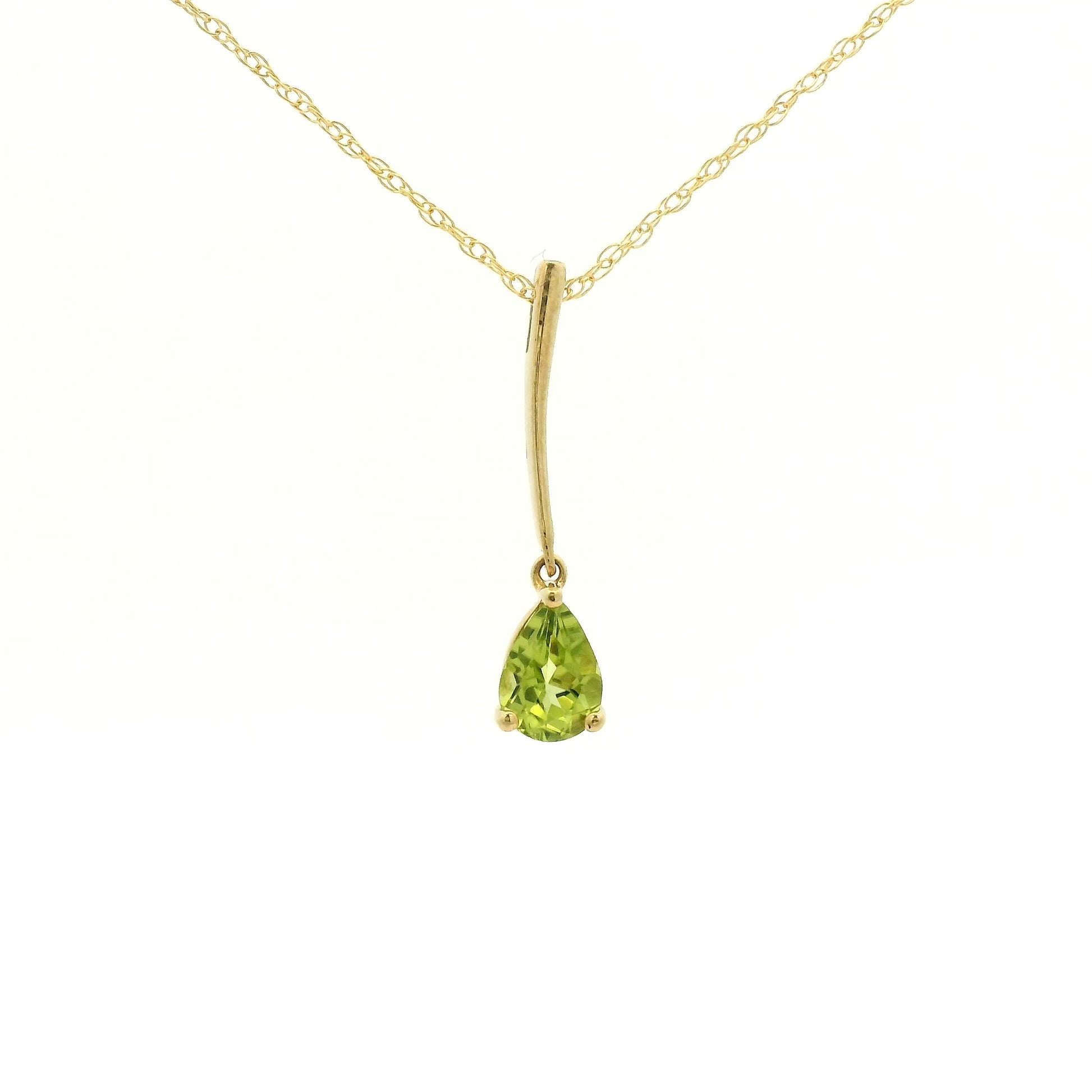 Yellow Gold Dangle Pendant with a prong set pear cut natural Peridot at Forever Rox Fine Jewelry, Lake Tahoes Best Jewelry Store
