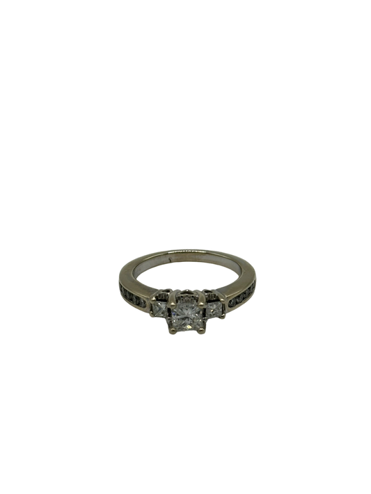 Three Princess Cut Diamonds & Round Diamond White Gold Bridal Ring