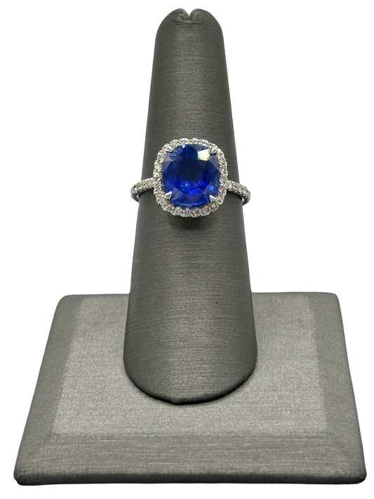 Cushion Cut Ceylon Sapphire Ring With Diamond Halo & Diamonds Around Band