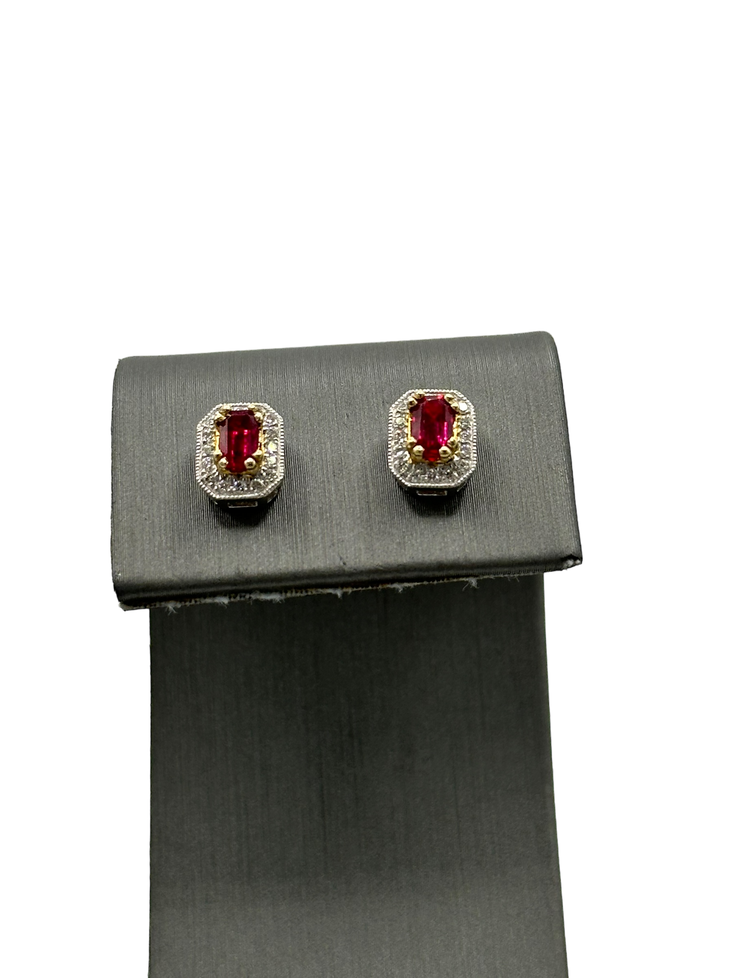 Emerald Cut Ruby Studs With Diamond Halo