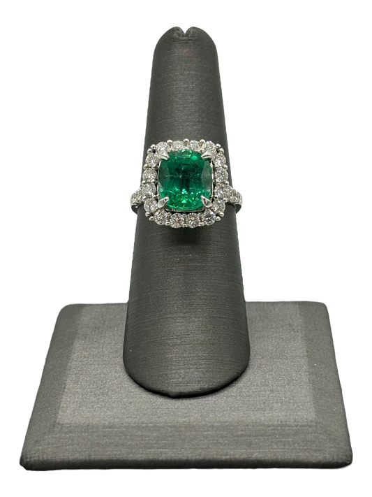 Cushion Cut Emerald Ring With Diamond Halo & Diamond Down Shank