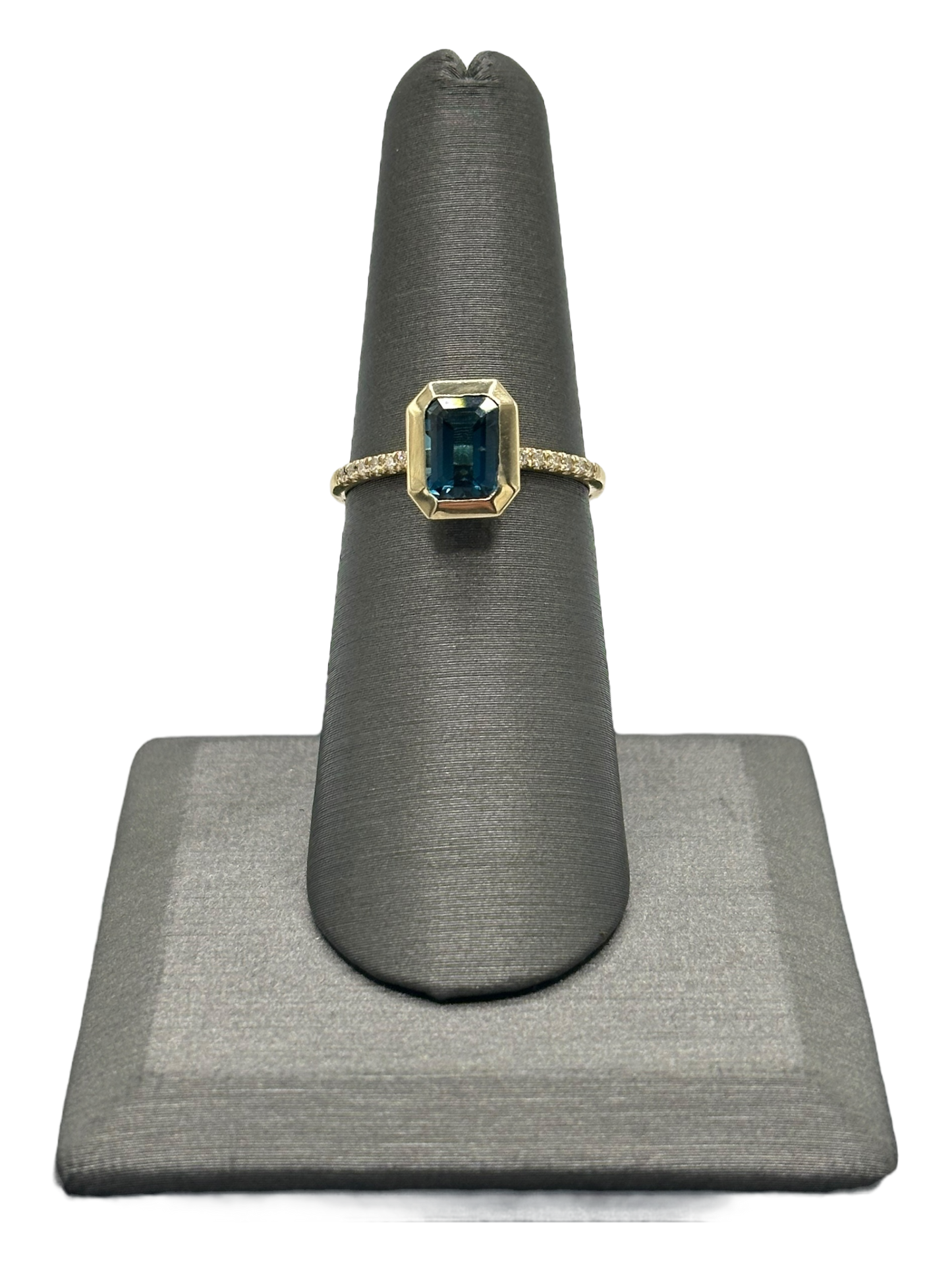 Emerald Cut London Blue Topaz Ring Set East to West With Diamonds