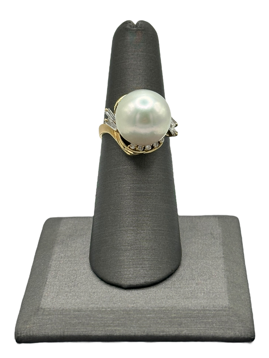 Pearl Ring With Tapered Baguettes and Round Cut Diamonds