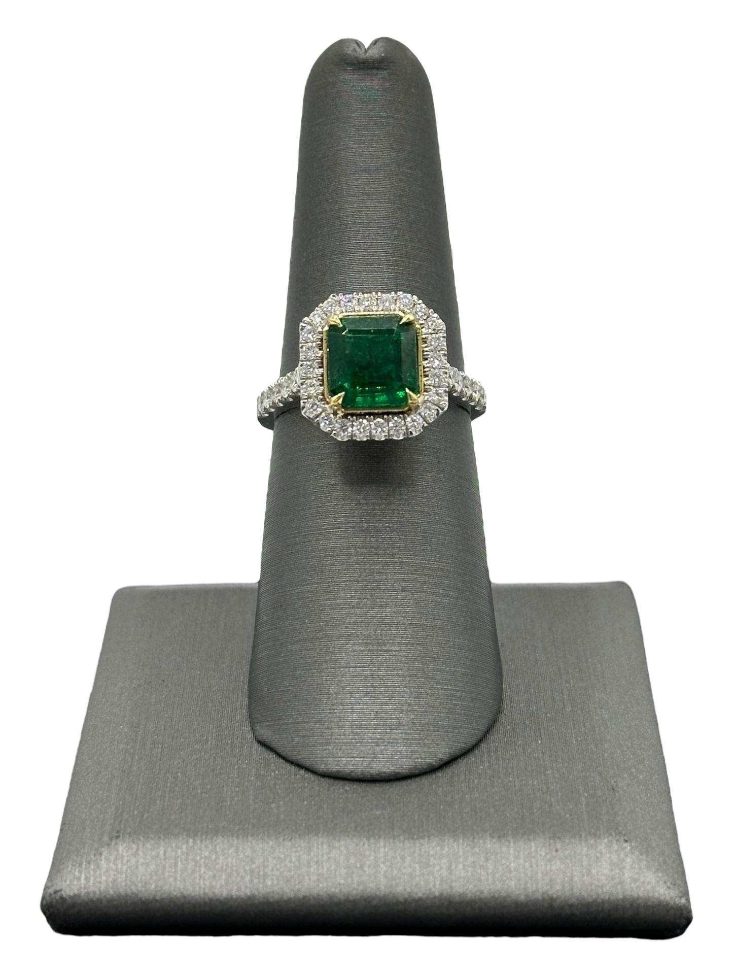 Cushion Cut Emerald Ring With Diamond Halo, Diamonds Down Band & Diamond Basket