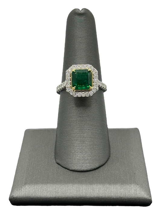 Cushion Cut Emerald Ring With Diamond Halo, Diamonds Down Band & Diamond Basket