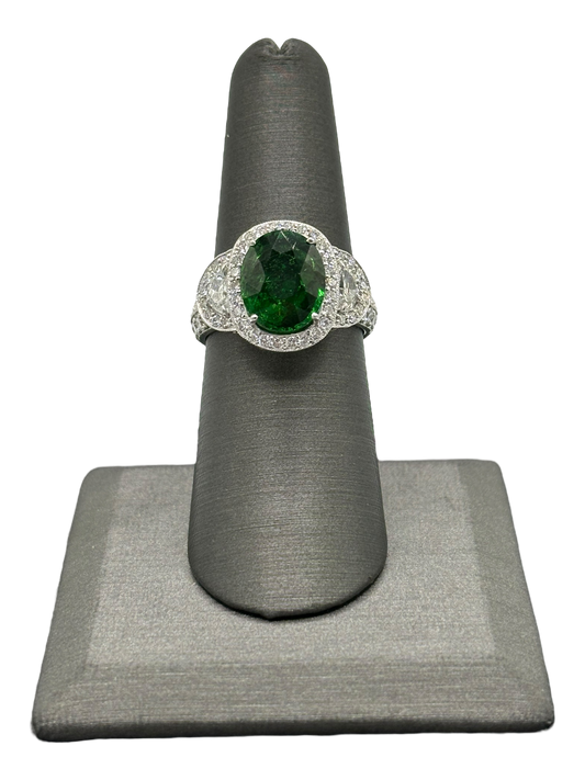 Oval Cut Tsavorite Ring With Two Half Moon Diamonds & Diamond Halos