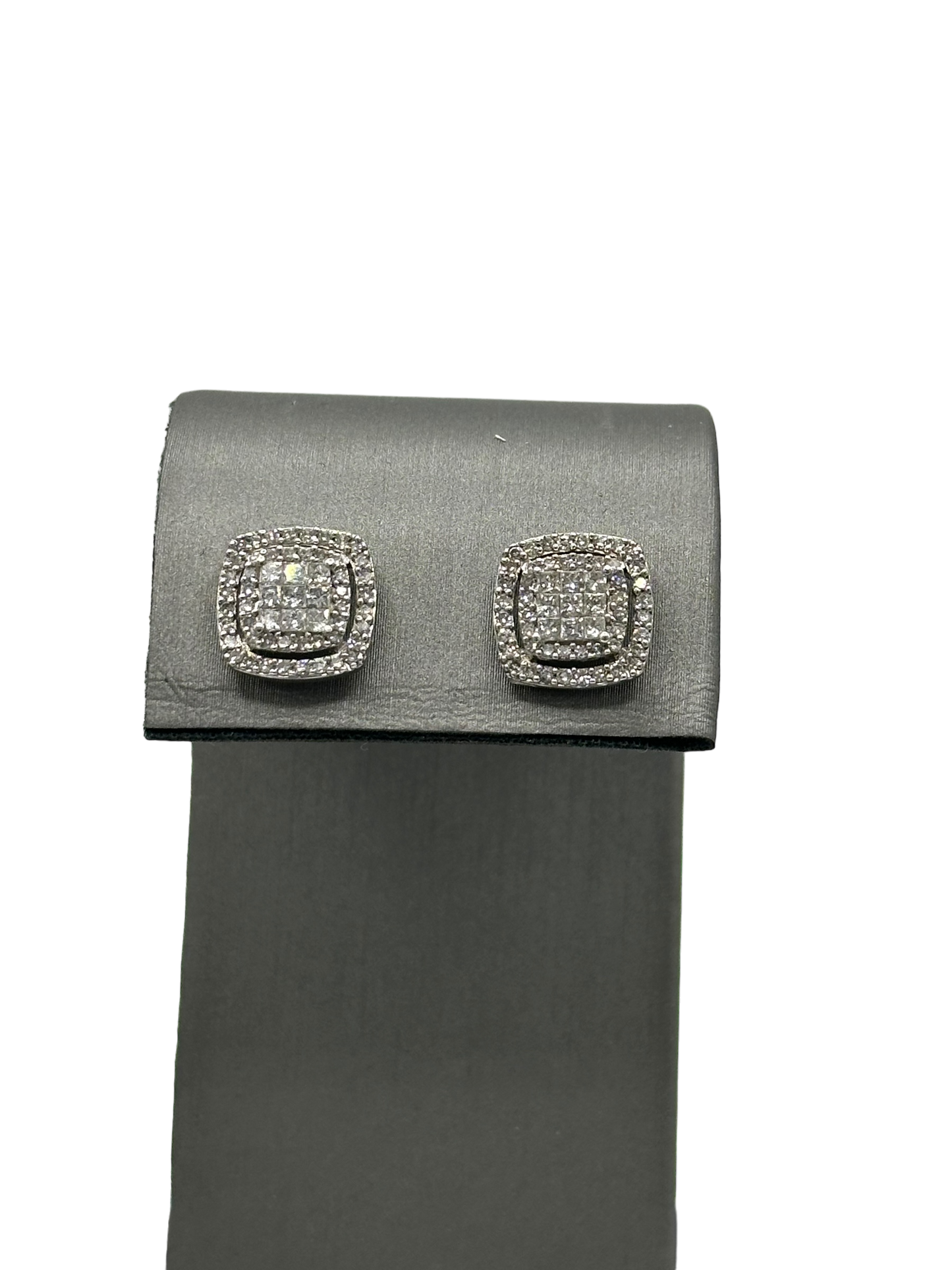 Cushion Square Shape Studs With Princess Cut Diamonds in The Center & Two Diamond Halos