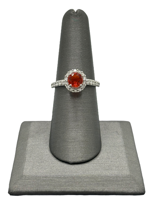 Fire Opal Ring With Diamond Halo & Diamonds Down Band