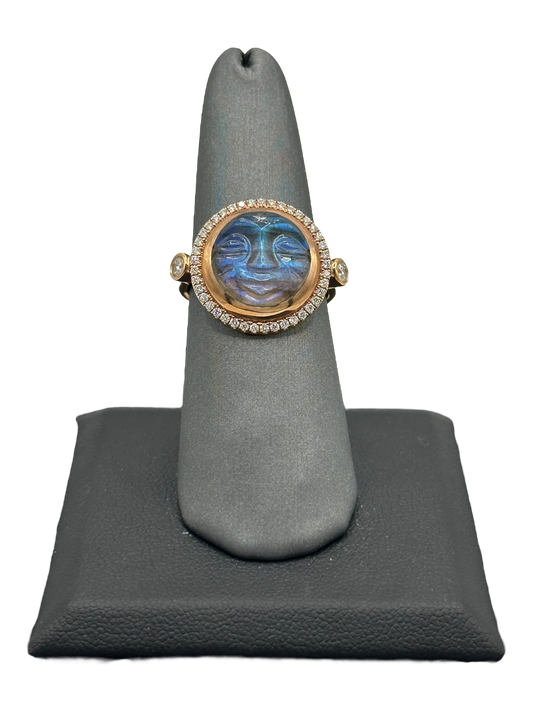 Moon Face Labradorite Ring With Diamond Halo