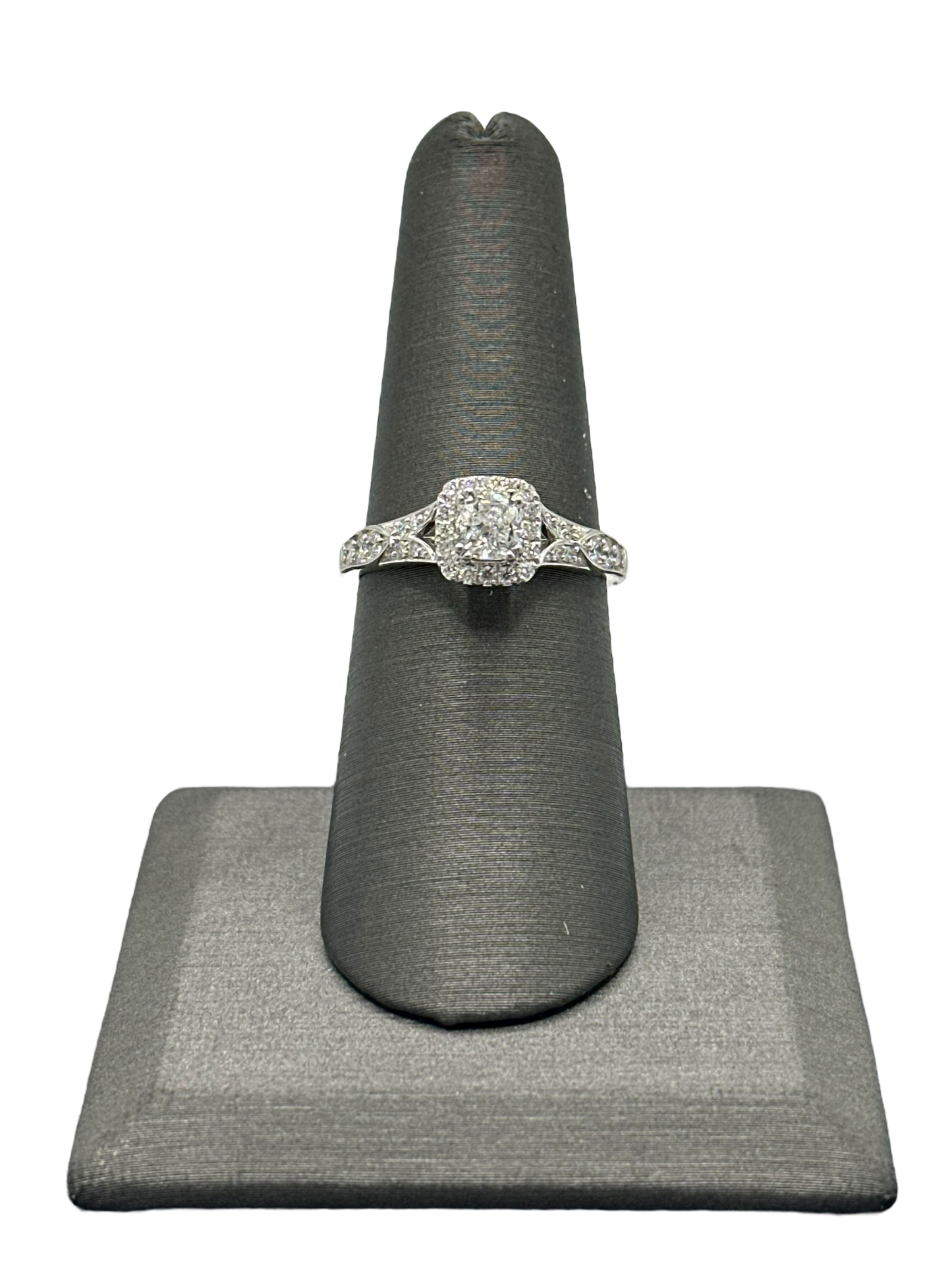 Cushion Cut Bridal Ring With Diamond Halo & Diamonds Down Shank