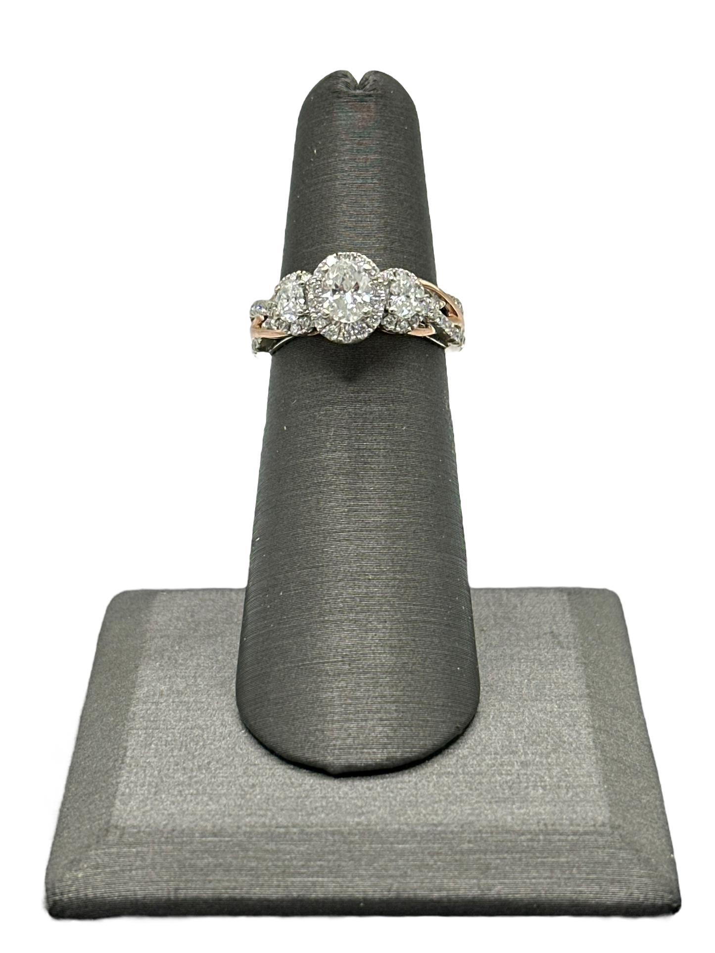 Vera Wang Signed Bridal Ring With Three Oval Diamonds With Diamond Halos & Diamonds Down Shaft