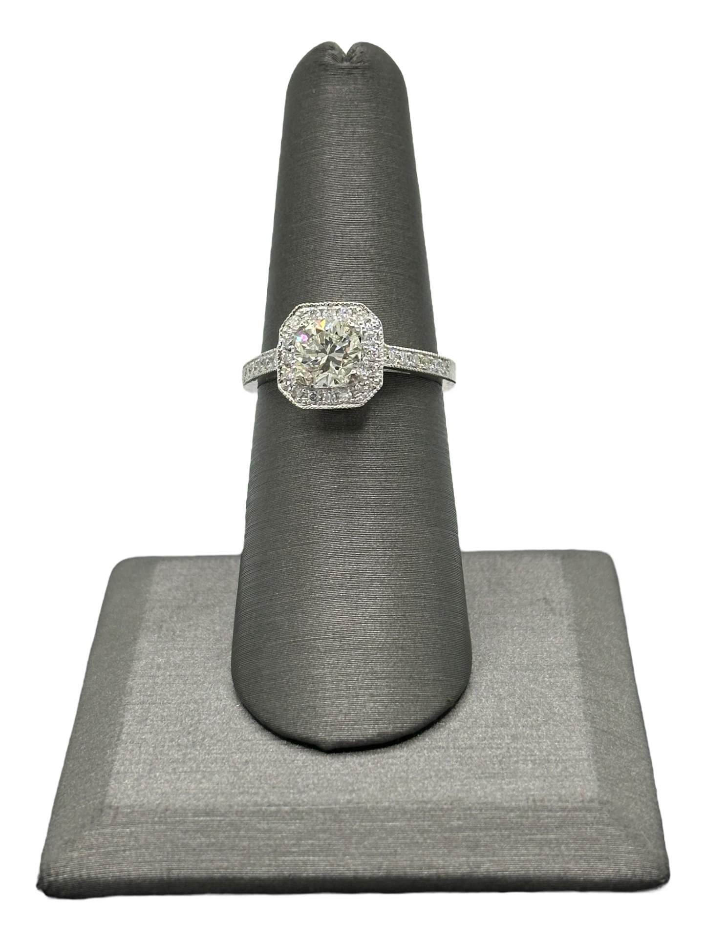 Round Brilliant Cut Diamond Ring With Diamond Halo & Diamonds Down Shank With Milgrain Design