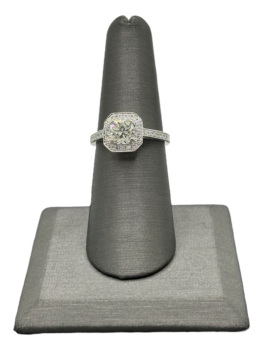 Round Brilliant Cut Diamond Ring With Diamond Halo & Diamonds Down Shank With Milgrain Design