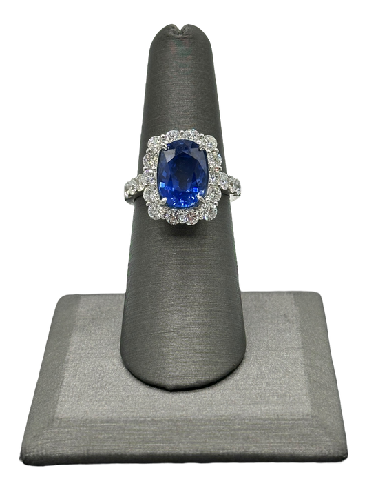 Rectangular Cushion Cut Ceylon Sapphire Ring With Diamond Halo & Diamonds Down Shank