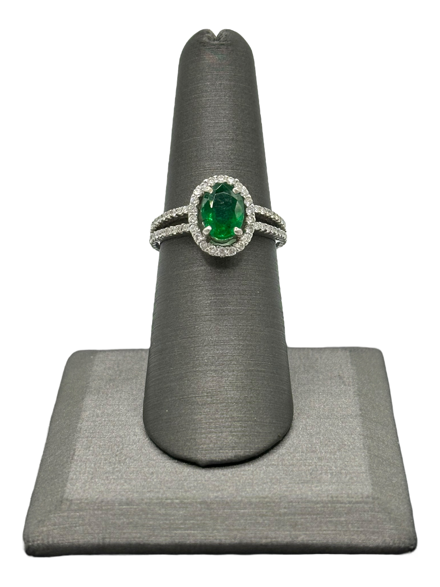 Oval Cut Emerald Ring With Diamond Halo & Diamonds Down Split Shank