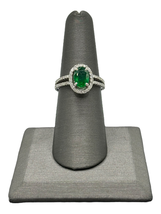 Oval Cut Emerald Ring With Diamond Halo & Diamonds Down Split Shank