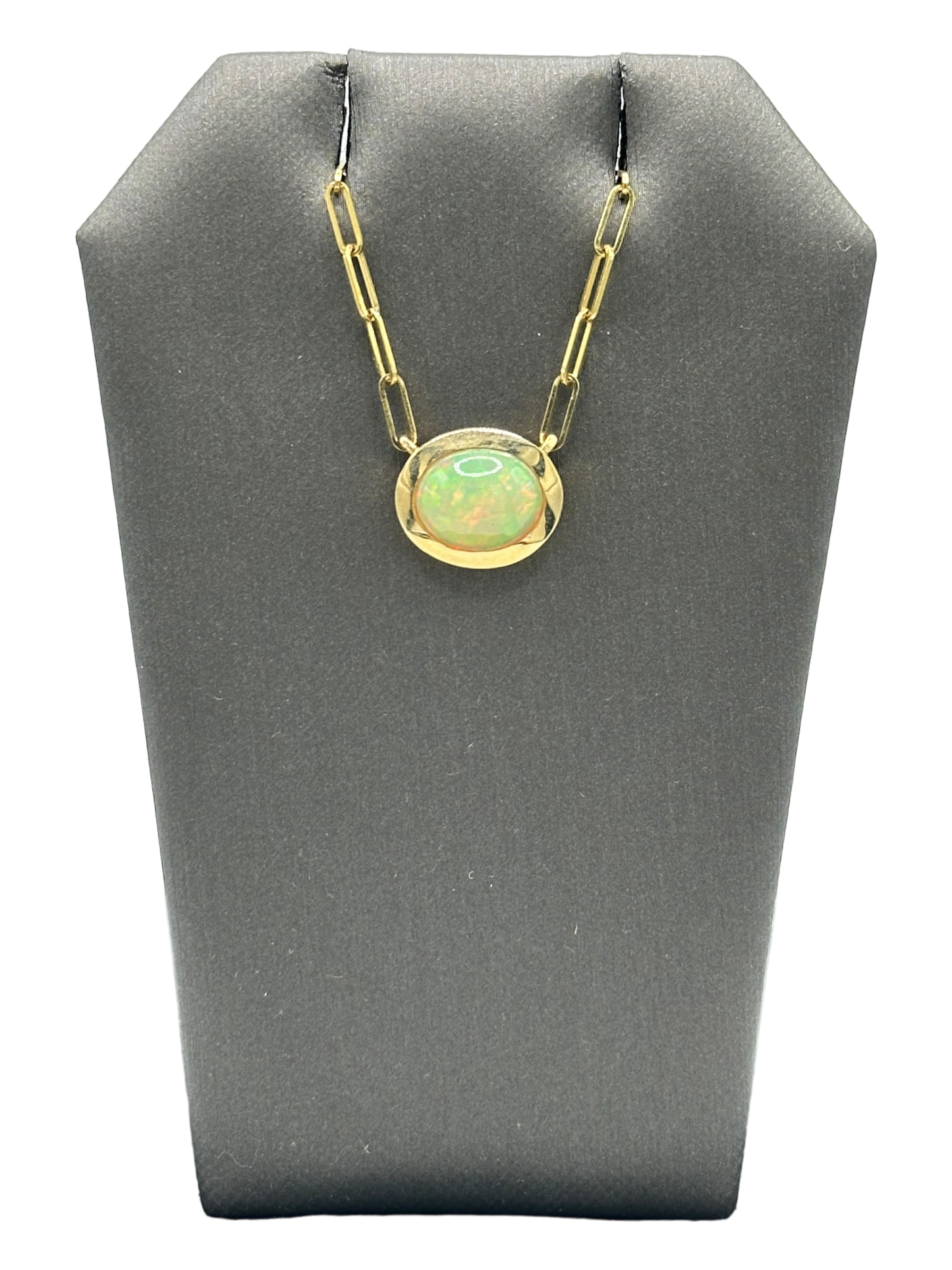 Bezel Set Opal Pendant With Paperclip Chain