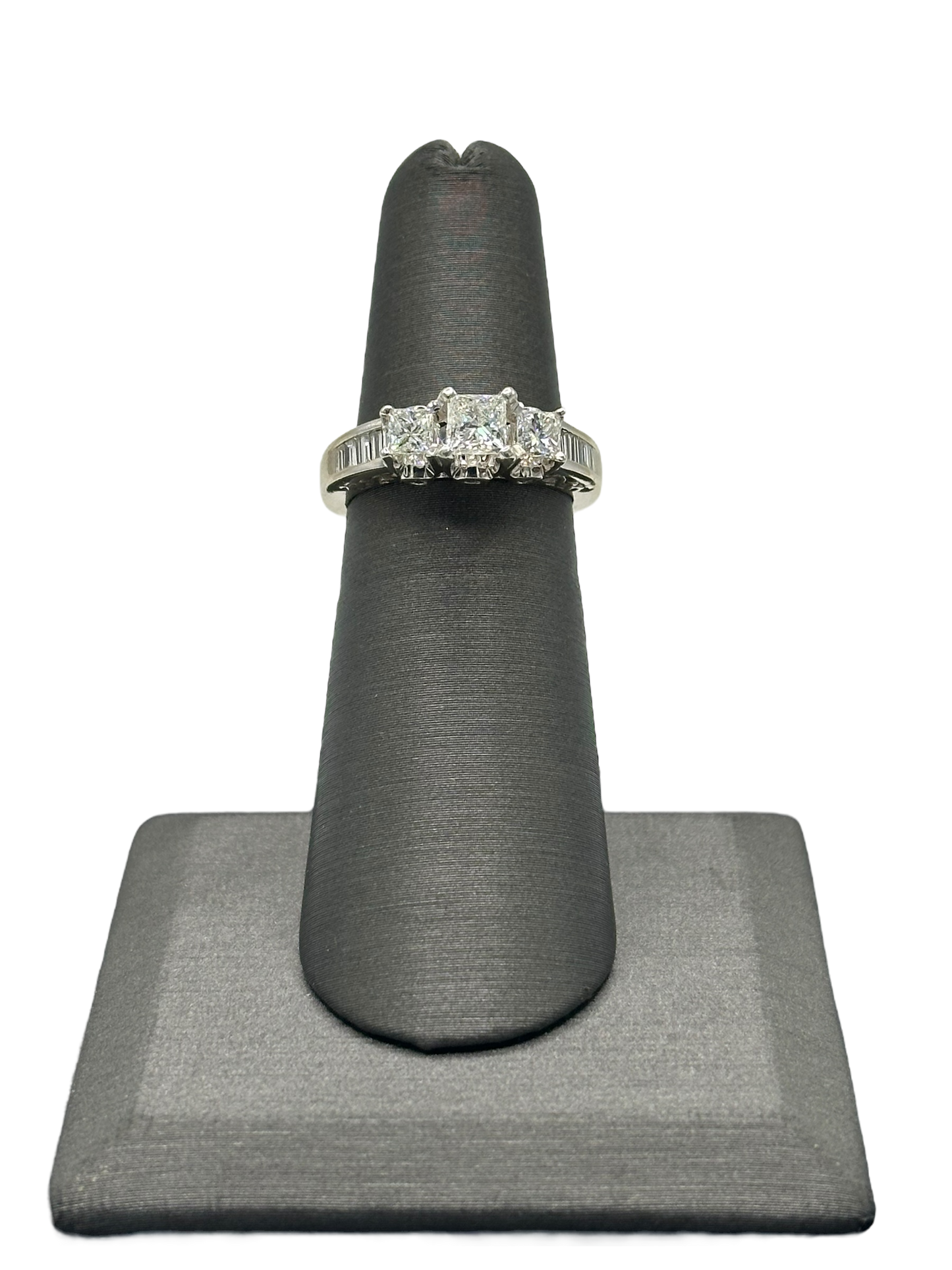 3 Princess Cut Diamonds Bridal Ring With Baguettes Down the Shank