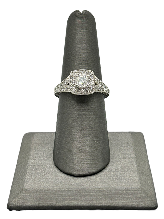 Cushion Cut Diamond Bridal Ring With Square Diamond Halo & Diamonds Down Each Split Shank