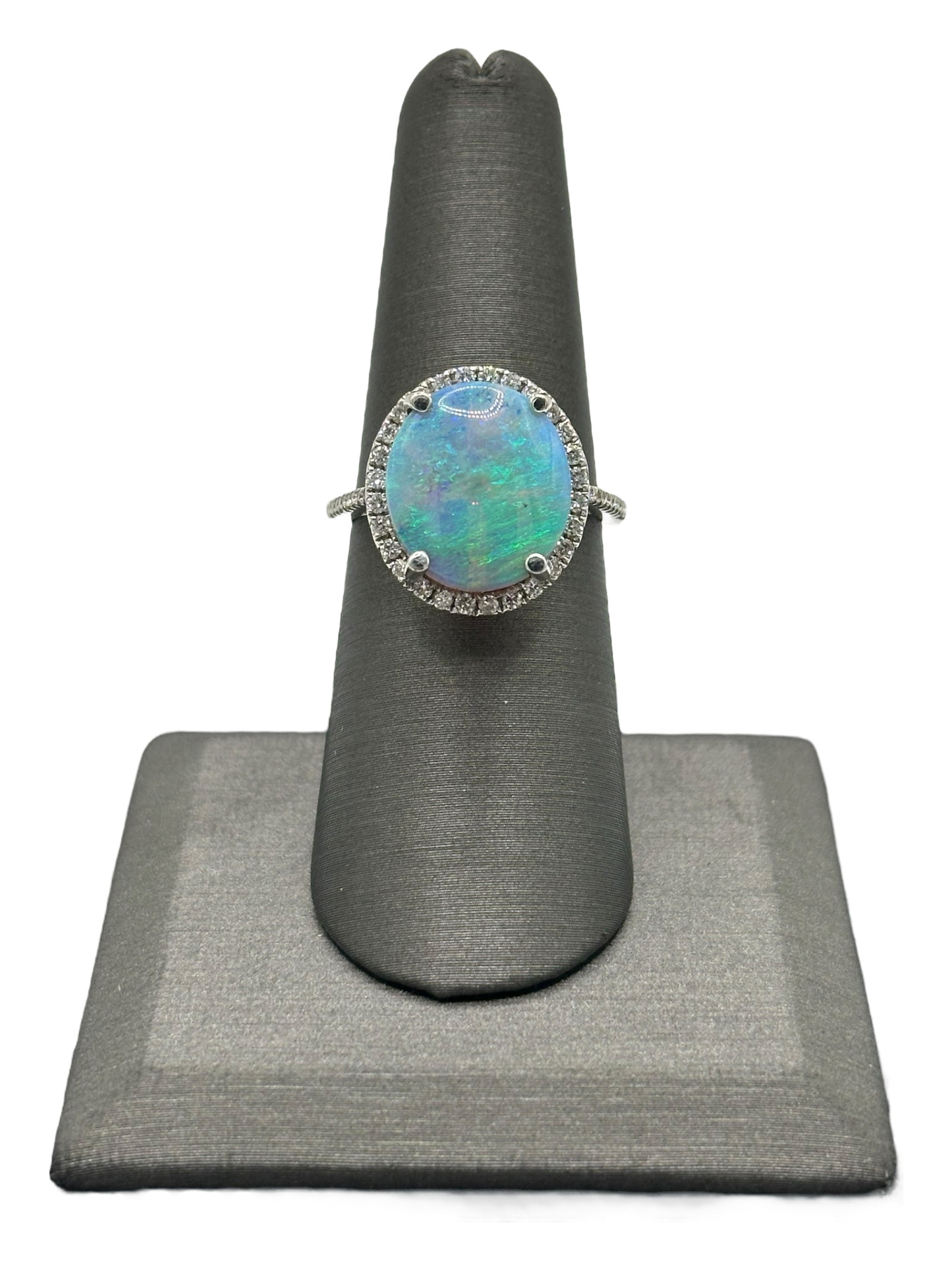 Australian Opal Ring With Diamond Halo & Diamonds Down Band