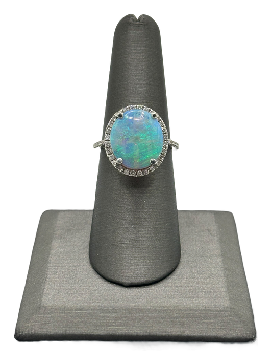 Australian Opal Ring With Diamond Halo & Diamonds Down Band