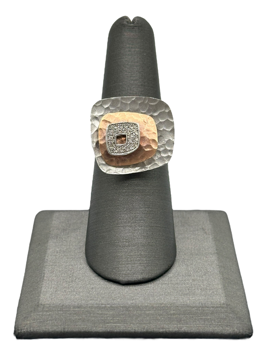 Layered White & Rose Gold Hammered Ring With Diamonds