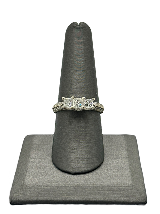 Three Princess Cut Diamond Bridal Ring With Diamonds on Either Side of Both Shanks & Head