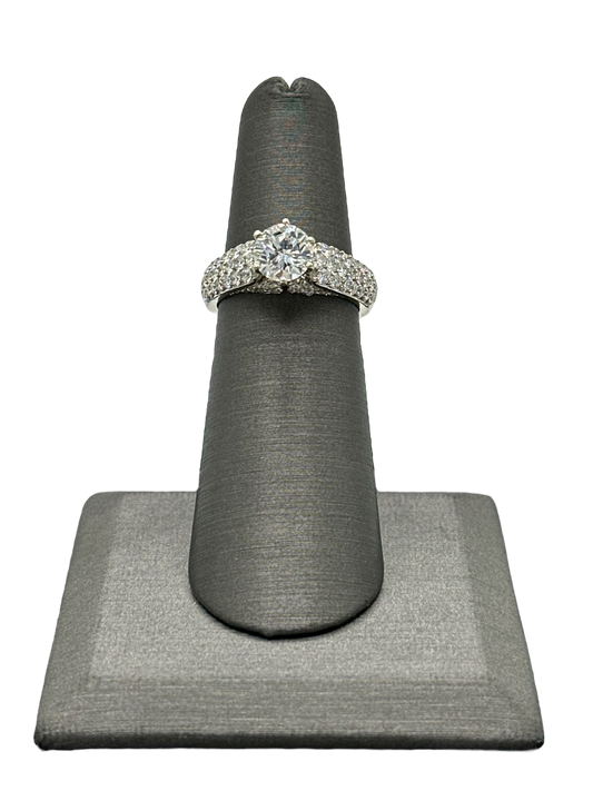 Round Brilliant Cut Diamond Bridal Ring With Pavé Set Diamonds Down Shank