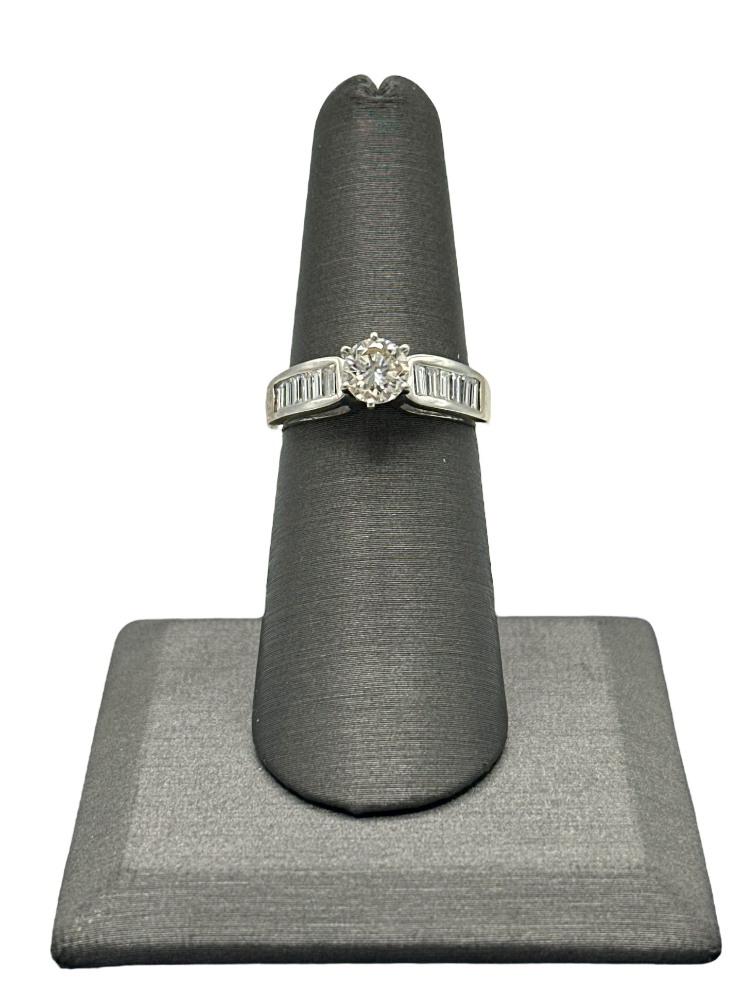 Round Cut Diamond Bridal Ring With Baguettes Down Shank