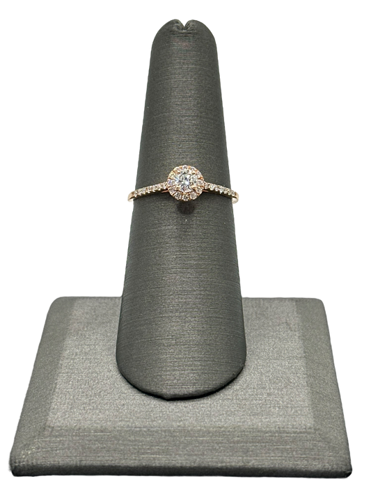 Round Brilliant Cut Diamond Bridal Ring With Diamond Halo and Diamonds Down Shank