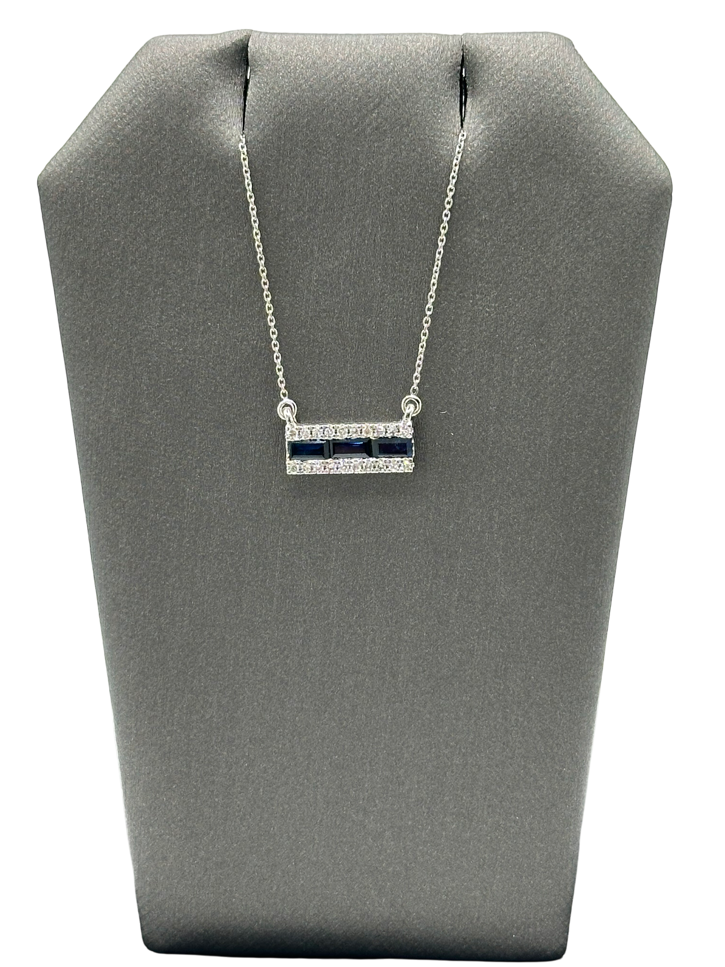 Three Emerald Cut Sapphire Bar Pendant With Diamonds